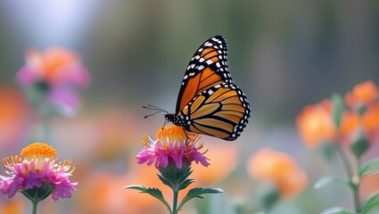 Obraz premium Orange monarch butterfly on a bright bloom against a soft blurred background. By