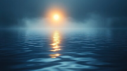 Obraz premium A serene sunset over calm waters, enveloped in mist, creating a tranquil atmosphere.