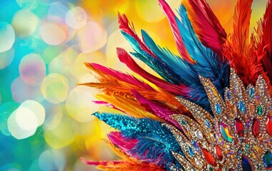 A vibrant feathered carnival headdress in bold colors, decorated with sequins and gemstones, on a bright tropical background