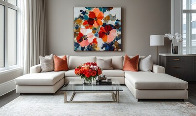 Modern living room with sectional sofa, floral artwork, and stylish decor.