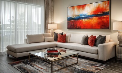Modern living room with sectional sofa, artwork, and coffee table.