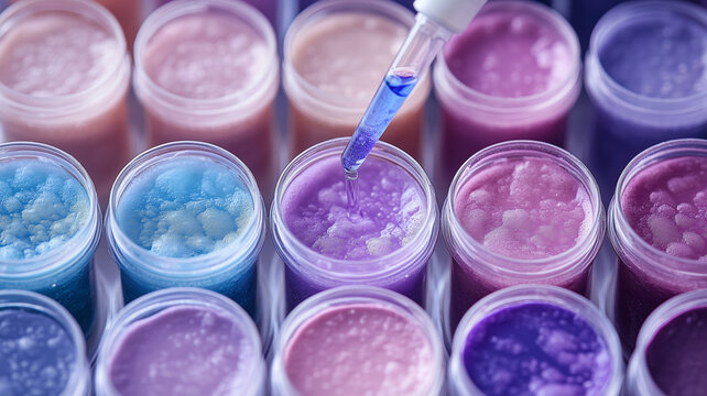 Pipetting colorful dna samples from small containers in a lab setting