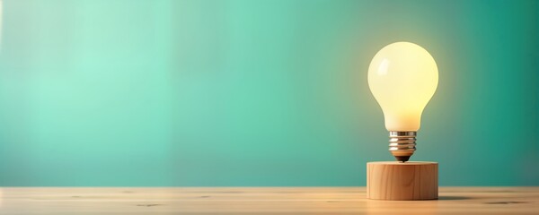 Illuminating lightbulb on wooden base against teal background. Simple design innovation, bright ideas. Suggests brand success through creativity, best practices. Image suitable for business creative
