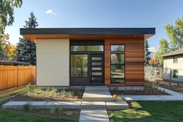 Obraz premium Modern minimalist house exterior, featuring wood and stucco siding, large windows, and a flat roof.