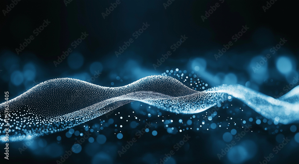 Poster 3d rendering of an abstract black background with flowing waves of particles and dots, embodying a f