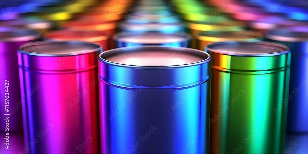 Poster a vibrant arrangement of metallic cans in various colors, creating a visually striking pattern. conc
