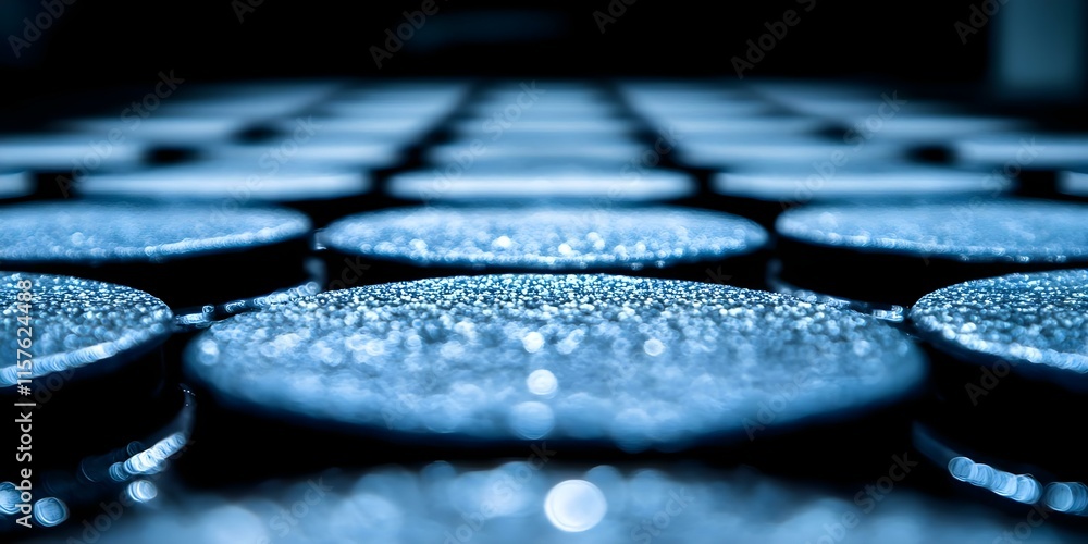 Poster a close-up of circular surfaces with a shiny, water-droplet-covered texture, creating a visually str