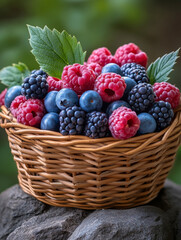 Freshly picked berries arranged in a charming splint basket under soft sunlight