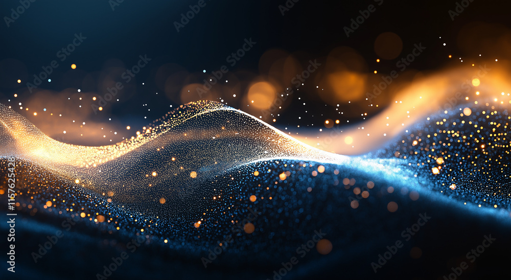 Poster 3d rendering of an abstract black background with flowing waves of particles and dots, embodying a f