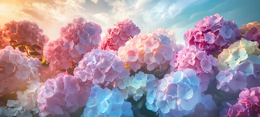 Fototapeta premium dreamy beautiful hydrangea flowers closeup, ai