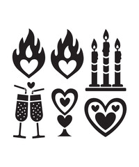 Romantic Icon Set: Hearts, Candles, and Wine Glasses for Love-Themed Designs