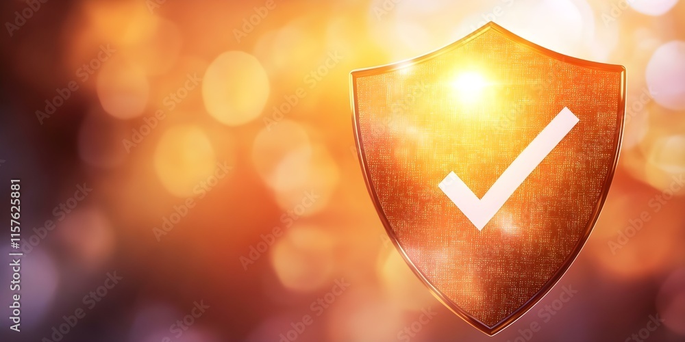 Poster a glowing shield with a checkmark, symbolizing security or trust, set against a warm, bokeh backgrou