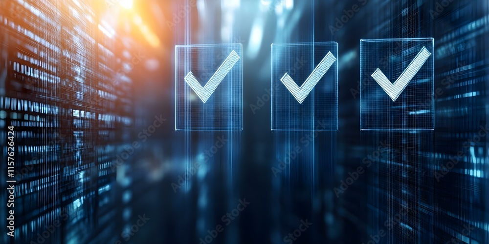 Aufkleber three digital checkmarks on transparent boxes, set against a blurred, futuristic background resembli