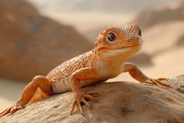 Obraz premium Orange lizard on rock in desert.