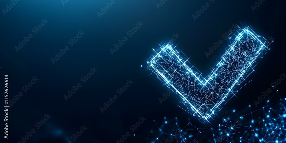 Poster a glowing digital check mark made of interconnected lines and dots against a dark blue background. c