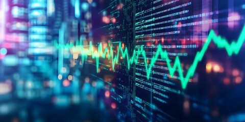 A digital representation of fluctuating data, possibly a stock market chart or medical heartbeat monitor, overlaid on a cityscape. Concept Digital Data Visualization, Stock Market Trends