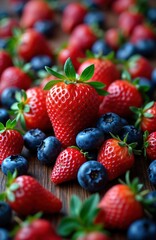 Fototapeta premium Fresh strawberries, blueberries arranged on wooden surface. Close up view of vibrant red strawberries, deep blue blueberries. Healthy summer fruits. Perfect for food blog healthy eating magazine.