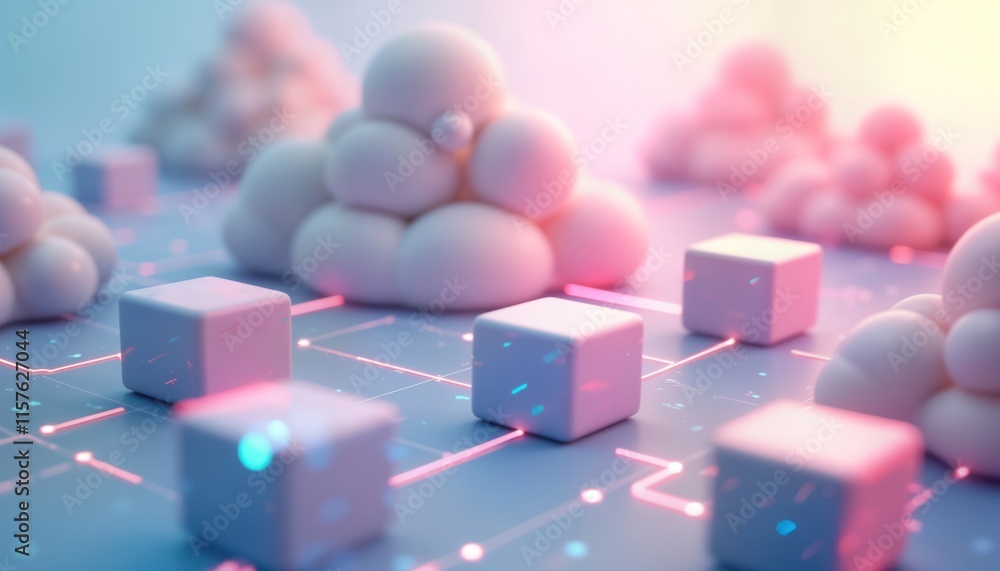 Poster abstract illustration shows cloud computing concept. 3d cubes, glowing lines connect clouds. data tr