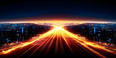 Obraz premium A city skyline at night with bright light trails from moving vehicles, creating a vibrant and dynamic atmosphere. Concept City Skyline at Night, Light Trails from Vehicles, Vibrant Atmosphere