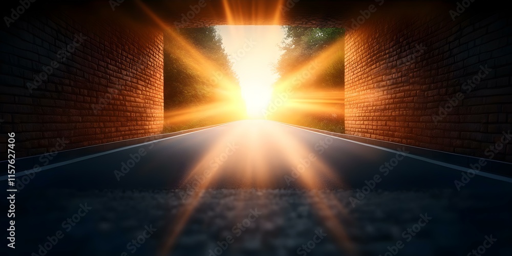 Poster a sunlit tunnel with rays of light shining through, flanked by trees on either side, leading to an o