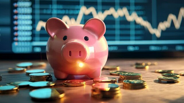 A pinky piggy bank surrounded by scattered gold coins on a wooden desk, with financial charts and graphs in the background, symbolizing savings and investment growth