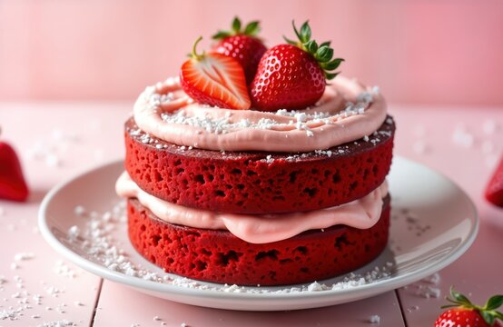 Delicious red velvet cake layered with pink cream frosting, topped with fresh strawberries. Sweet dessert ready to eat. Homemade treat with closeup view. Perfect sweet treat for occasion. Tasty cake