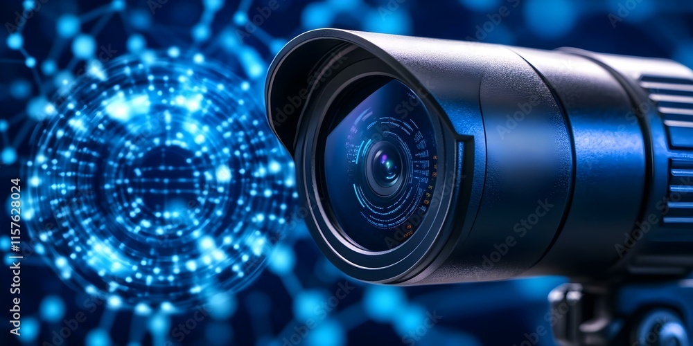 Poster a camera lens with a sleek design, surrounded by digital network patterns and glowing blue dots. con