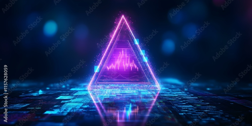 Aufkleber a glowing, neon triangular shape with digital patterns and sound wave elements, set against a dark, 