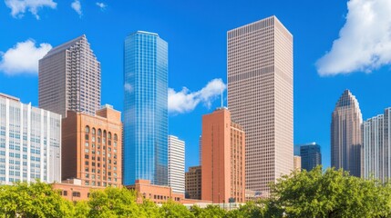 Modern Urban Skyline with Towering Buildings and Clear Blue Sky