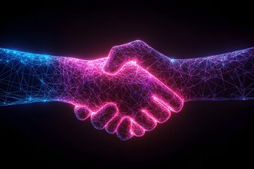 A business handshake made of glowing neon lines, dissolving into a network of digital connections symbolizing virtual collaboration
