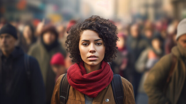 Young Woman with Red Scarf in Crowd - Powered by Adobe