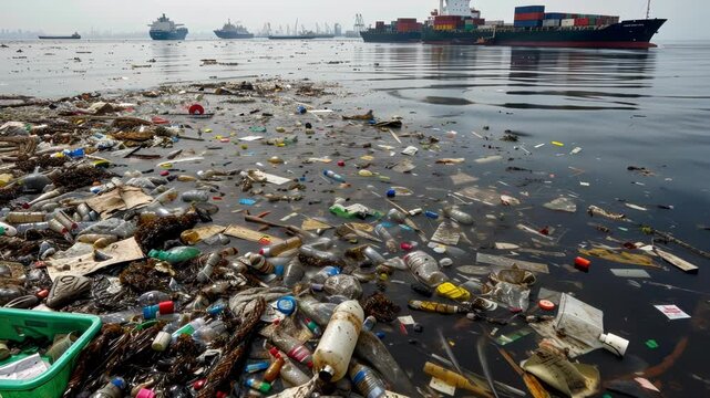 Plastic bottles, bags, and various debris float on the surface of manila bay, creating a stark contrast to the cargo ships in the distance, highlighting the severe pollution problem