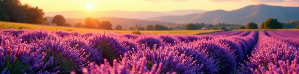 Obraz premium Lavender field in golden light with hills in the background, floral fields, serene atmosphere