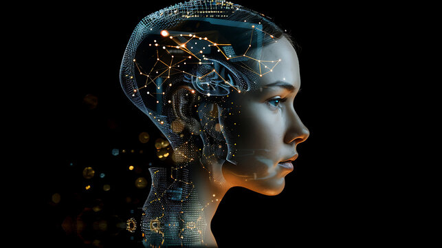 stock image of ai android with neural network brain and cyber mind face reflecting on black background depicting artificial intelligence and future technology


