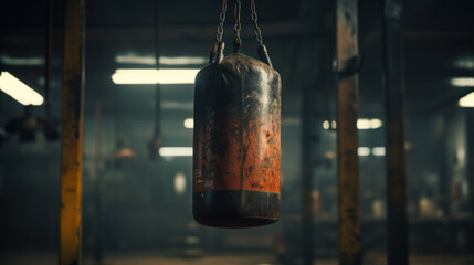 Worn Boxing Bag Hanging in a Moody Gym
