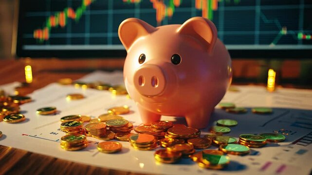 A pinky piggy bank surrounded by scattered gold coins on a wooden desk, with financial charts and graphs in the background, symbolizing savings and investment growth