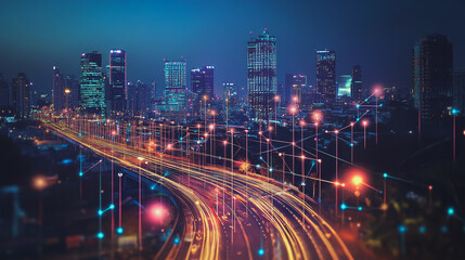 Fototapeta premium Smart digital Innovation city with connection network reciprocity over the cityscape. of future smart wireless digital city and social media networking systems that connects people with in city