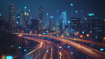 Fototapeta premium Smart digital Innovation city with connection network reciprocity over the cityscape. of future smart wireless digital city and social media networking systems that connects people with in city