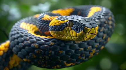 Fototapeta premium stock image of snake head close up detailed black and yellow markings curved body on green blurred background reptile wildlife and animal photography close up
