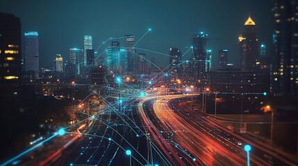 Smart digital Innovation city with connection network reciprocity over the cityscape. of future smart wireless digital city and social media networking systems that connects people with in city