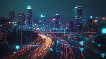 Fototapeta premium Smart digital Innovation city with connection network reciprocity over the cityscape. of future smart wireless digital city and social media networking systems that connects people with in city