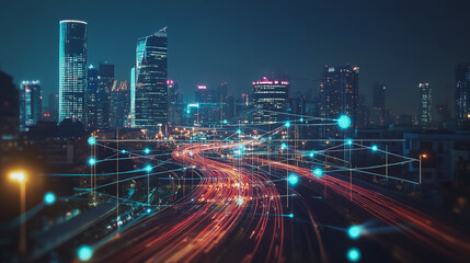 Fototapeta premium Smart digital Innovation city with connection network reciprocity over the cityscape. of future smart wireless digital city and social media networking systems that connects people with in city