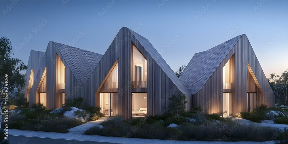 Poster a modern architectural building with a unique, angular design, featuring wooden cladding and illumin