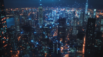 Fototapeta premium Smart digital Innovation city with connection network reciprocity over the cityscape. of future smart wireless digital city and social media networking systems that connects people with in city