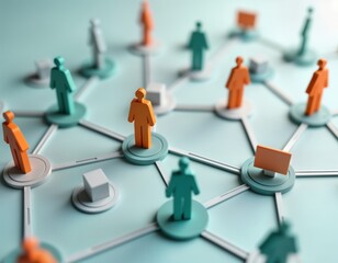 Network visualization of customer interactions using CRM system. Small figures represent clients. Connections illustrate customer journeys. Central display represents CRM platform. Visualizes