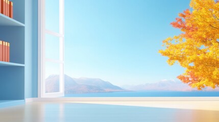 Bright and Airy Room with Scenic View of Fall Trees and Distant Mountains