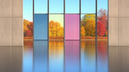 Modern Glass Walls Showcasing Autumn Colors in Bright Open Space
