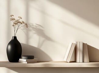 Clean and minimalist design with a beige wall and a wooden shelf. A black vase, beige books, and a...