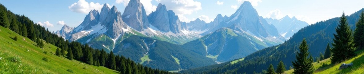 Fototapeta premium Towering mountain peaks and lush forests in Dolomites landscape, landscape photography, dolomites, wilderness