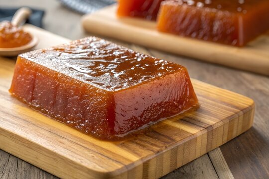 A close-up of dulce de membrillo, a glossy, amber-colored quince paste, sliced neatly on a wooden board, highlighting its smooth texture and rich, translucent appearance.